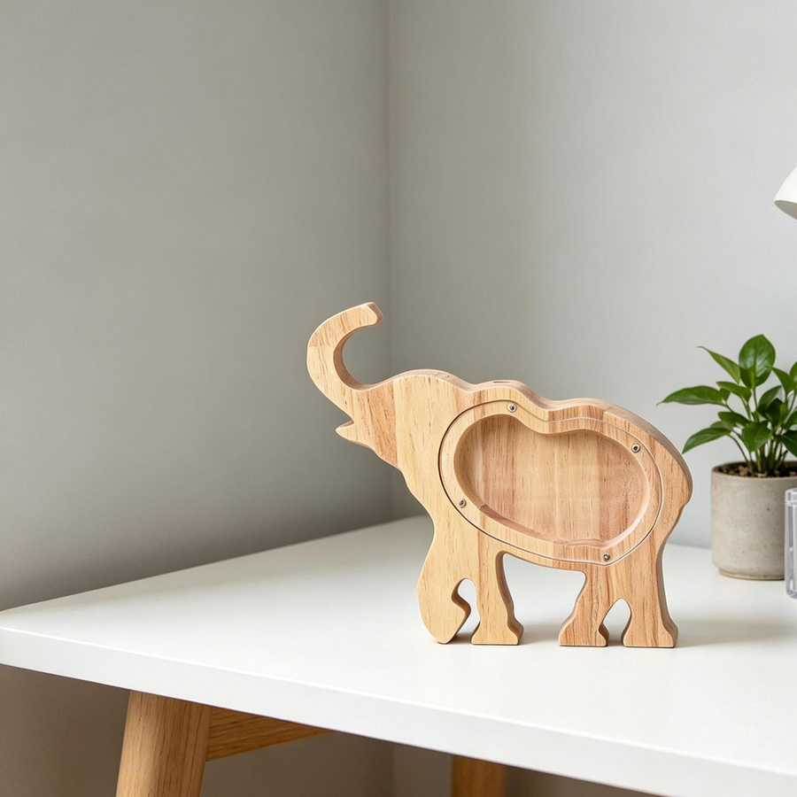 Dekoratives Holz Sparschwein in Elefantenform von Fishine mit transparentem Acrylfenster, Braun/Transparent - Bild 3