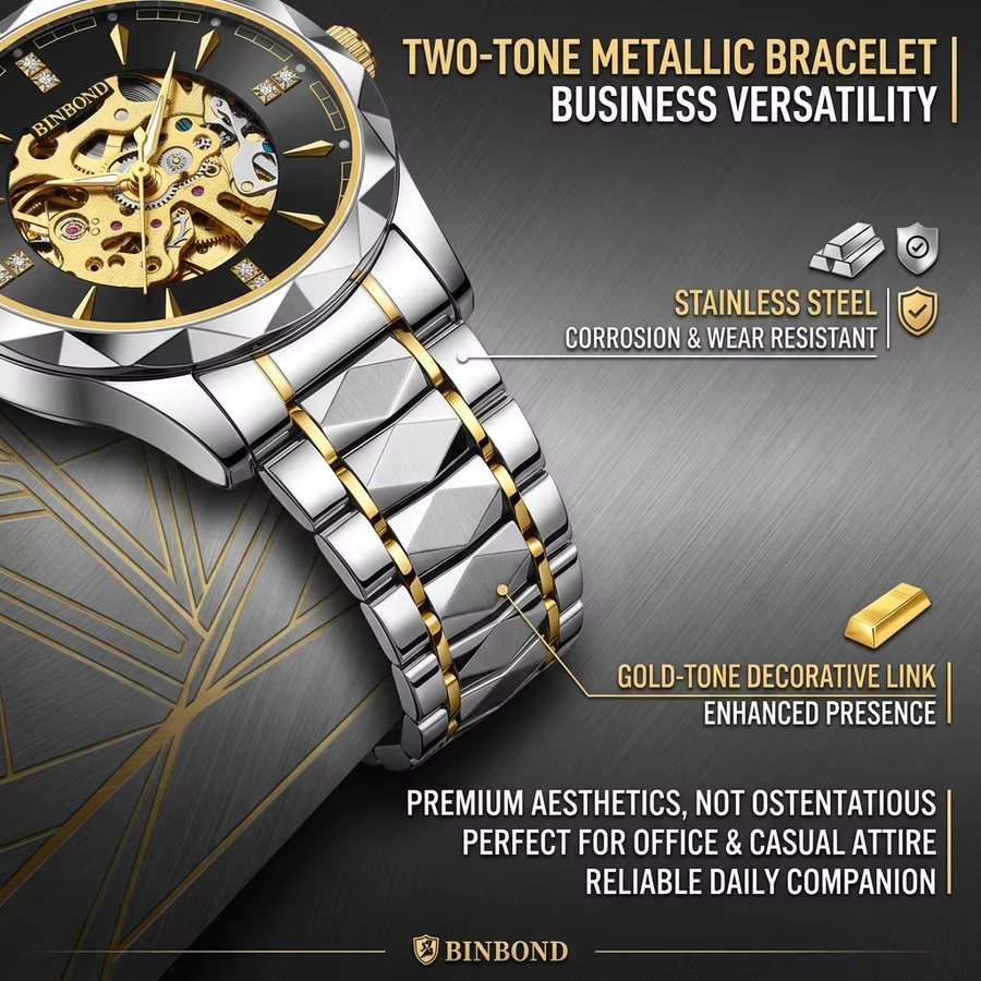 BINBOND Armbanduhr, Automatik, Edelstahl, Bicolor, Gold, Herren - Bild 4