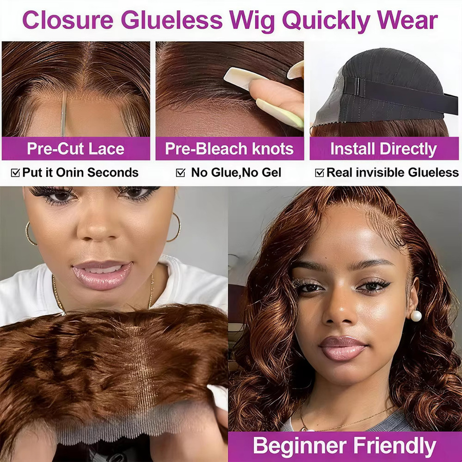 HJ WEAVE BEAUTY Bob-Perücke, 100 % Echthaar, schokoladenbraun, gewellt, Damen - Bild 5