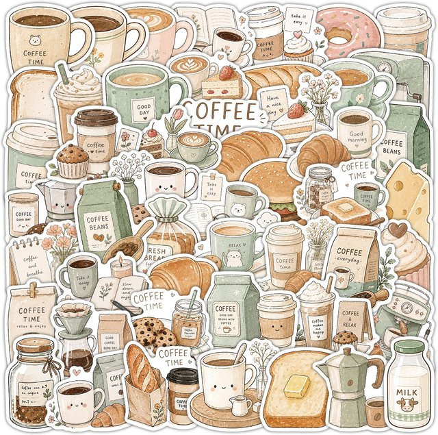 50er-Pack Kaffee-Moment Doodle-Aufkleber in Multicolour für Handy, Tablet, Notizbuch und Gitarre - Bild 1