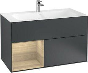 V&B Waschtischunterschrank Finion mit Wandbeleuchtung, Rechtsöffnung, Mattblau lackiert, B: 99,6 cm, H: 49,8 cm - Bild 1