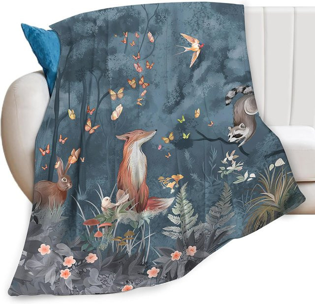 JMG Household Supplies Wald Natur Decke mit Fuchs und Hase in Mehrfarbig, Fleece Überwurf für Boho Deko, Breite: 130 cm, Tiefe: 150 cm - Bild 1