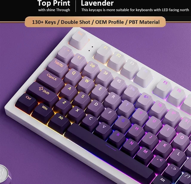 PBT Double Shot Tastenkappen Set mit 134 Tasten in Lavendel-Lila und Schwarz, OEM-Profil, transluzent, passend für mechanische Gamer-Tastaturen mit MX Switches - Bild 1