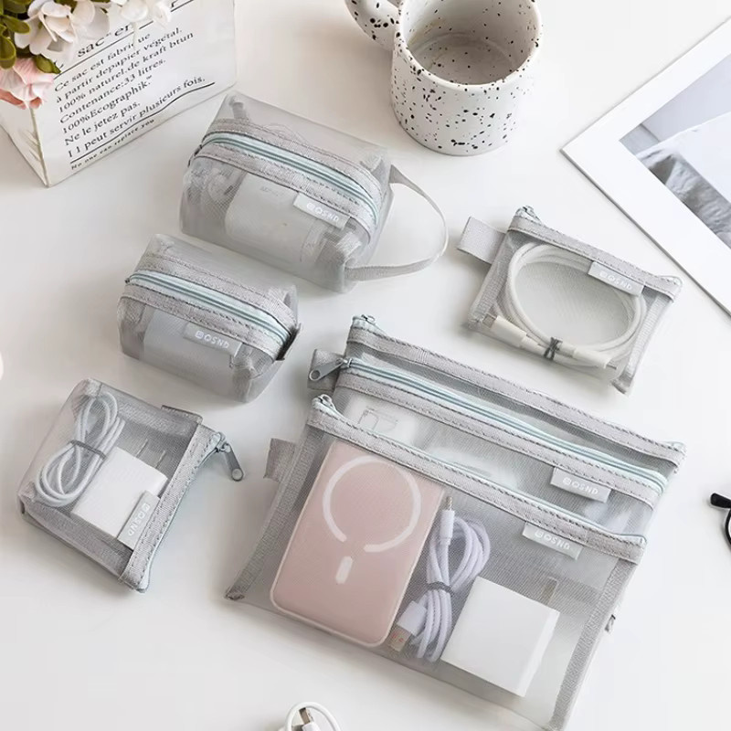 6er Set transparente Make-up-Taschen aus Netzstoff in Lila für Kosmetik und Reiseorganisation - Bild 1