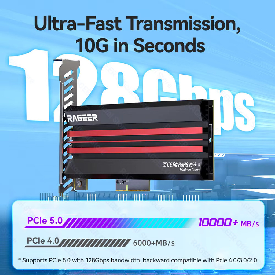 RAGEER PCIe 5.0 x4 zu M.2 NVMe SSD Adapterkarte mit Aluminium-Kühlkörper in Schwarz, kompatibel mit M.2 2280 SSD und PCIe 4.0/3.0 - Bild 2