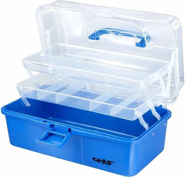 HMF Nähkasten STK901-05 Sortierbox mit 3 Ebenen für Nähzubehör und Handarbeitsmaterial, Blau, B/T/H: 36,5 x 20,5 x 16,0 cm - Bild 1