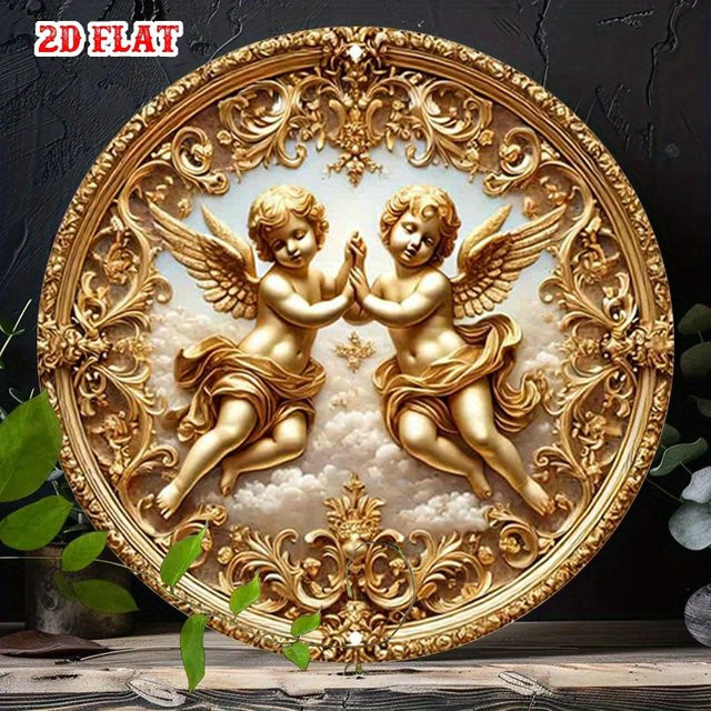 CIFBUY Vintage Engel-Wanddekoration aus Metall in Gold, rundes Aluminiumschild mit floralem Design, Durchmesser: 20 cm - Bild 1