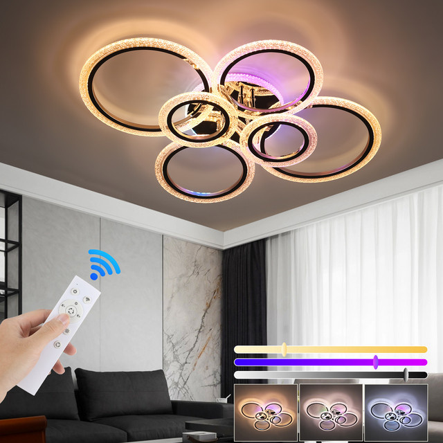 Oyajia LED-Deckenleuchte mit 6 Acryl-Ringen, RGB-Hintergrundbeleuchtung, dimmbar mit Fernbedienung, 60W, modern Flush-Mount Design - Bild 1
