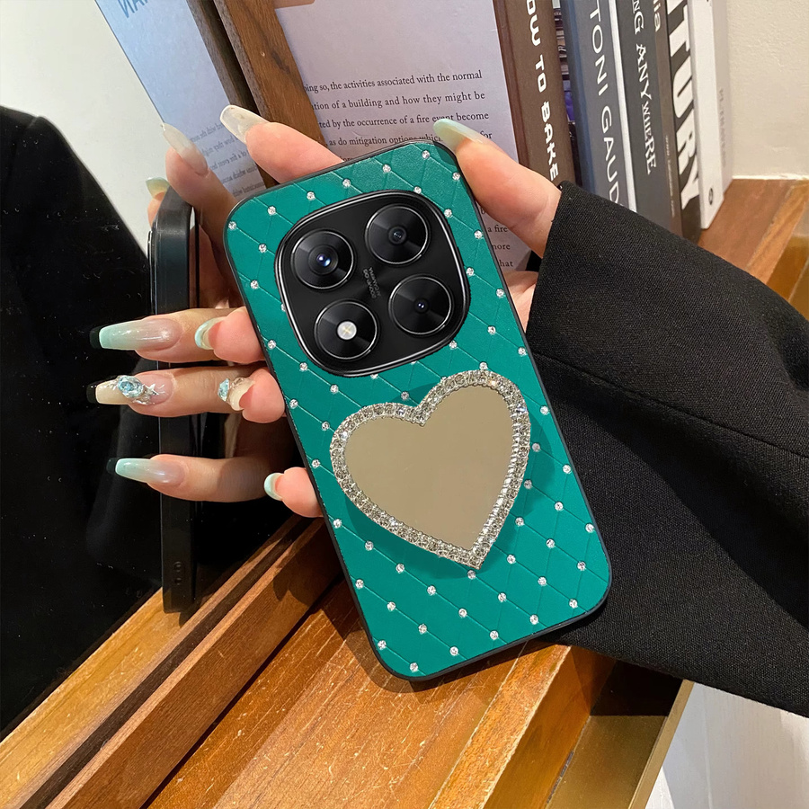 Personalisierte Luxus-Handyhülle aus Kunstleder mit Diamantgitter und Herzspiegel für Xiaomi Redmi Note 14/15 Pro Plus (4G/5G) in Grün - Bild 4