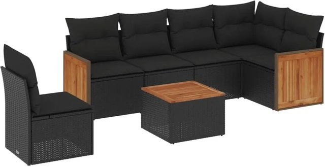 vidaXL 7-teilige Garten-Sofagarnitur in L-Form aus Poly-Rattan und Akazienholz mit Kissen in Schwarz - Bild 1