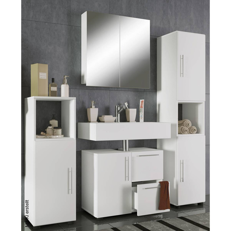 VCM Badmöbel-Set Flandu in Weiss, 4-teiliges modernes Badezimmer-Set mit Waschtischunterschrank, Spiegelschrank, Hochschrank und Wandschrank, B/H/T: 61 x 160 x 32 cm - Bild 3