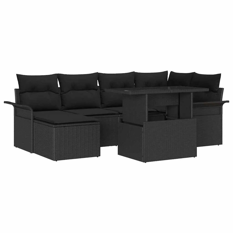 vidaXL Garten-Sofa-Set aus Poly-Rattan in Schwarz, 7-teiliges L-Shape Lounge-Set mit Kissen und Tisch - Bild 2
