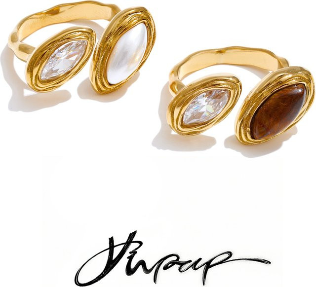 Yhpup Edelstahlring, Tigerstein, Perle, Zirkonia, Gold - Bild 1