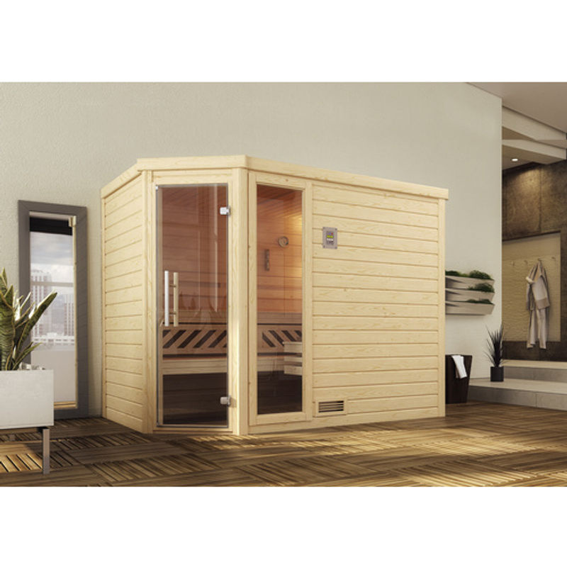 WEKA Massivholzsauna Turku 3 aus Fichtenholz mit Glastür und Fenstern, Farbe: beige, B/H/T: 248 x 205 x 195 cm - Bild 2