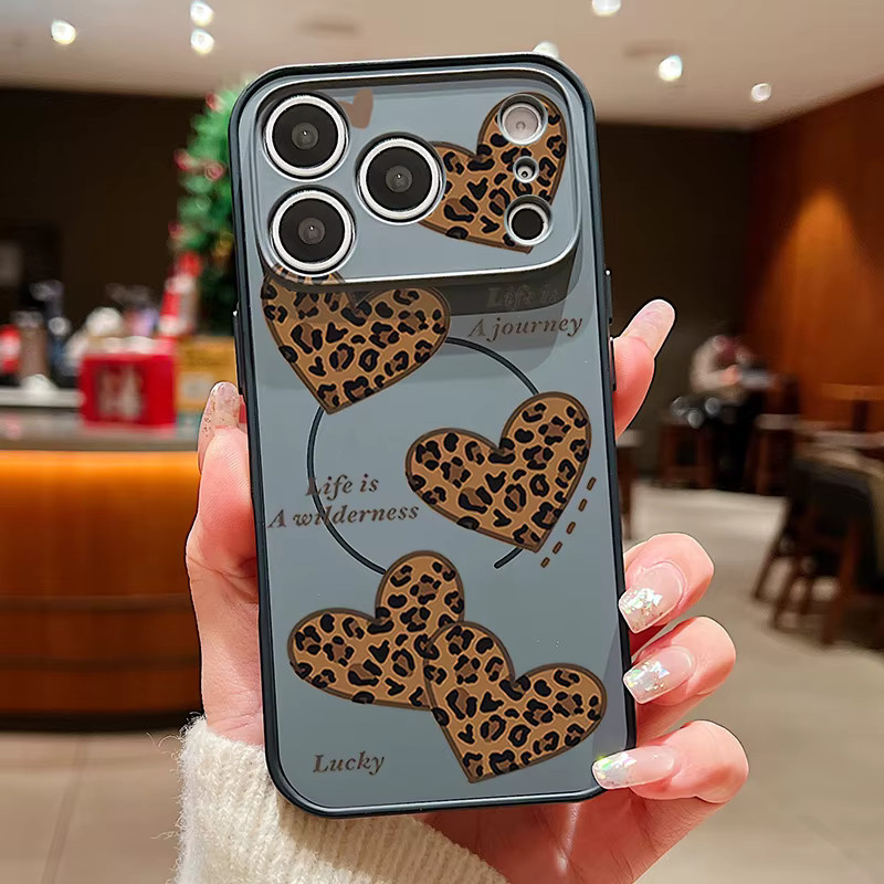 MOESOE Magnetische Handyhülle mit Leoparden-Herz-Muster für iPhone 17 Pro Max, 16, 15, 14, 13 Pro Max, kompatibel mit MagSafe Wireless Charging, Hart-PC Cover, Schwarz/Mehrfarbig - Bild 2
