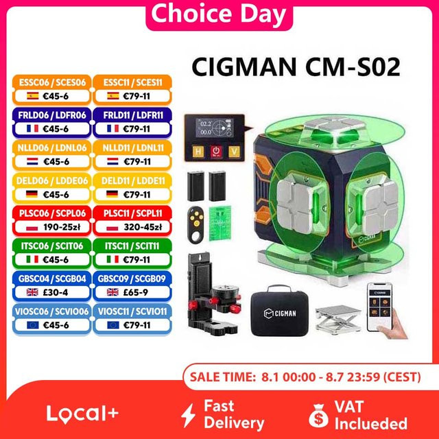 CIGMAN CM-S02 16-Linien-Laser-Nivelliergerät mit 4x360 Grad, APP-Steuerung, LCD-Bildschirm und Akku in Braun - Bild 1