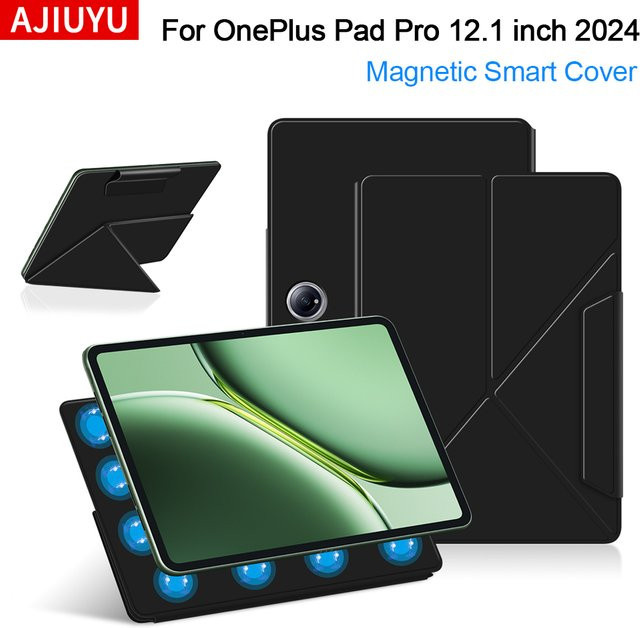 AJIUYU Smart Magnetische Hülle für OnePlus Pad Pro 12,1 Zoll 2024 und OnePlus Pad 2 aus PU Leder mit Flip Stand Cover in Schwarz oder Grün - Bild 1