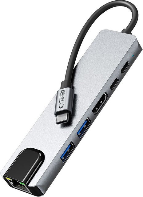 Tech-Protect Hub USB-C HB02 in Grau mit 1 x USB-A 3.0, 1 x USB-A, 2 x USB-C, HDMI 4K UHD und RJ45 Ethernet/LAN - Bild 1