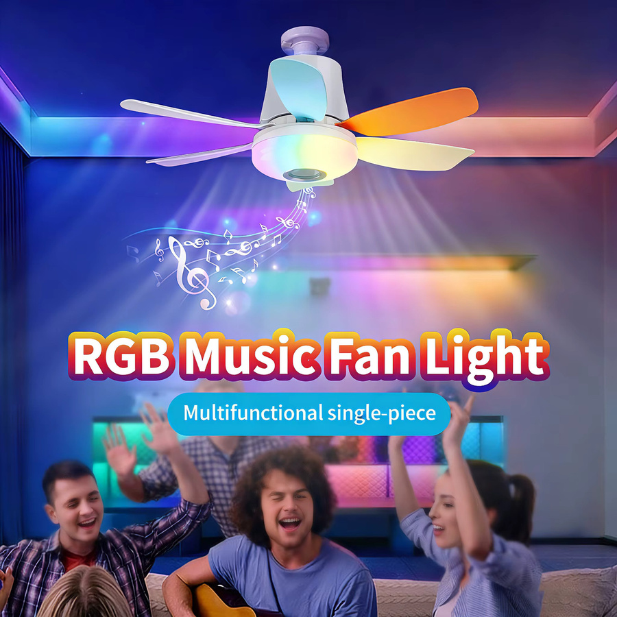BENEWTON Smart RGB Deckenventilator mit E27-Sockel, LED-Licht, Lautsprecher und Fernbedienung, dimmbar, Farbe: Weiß/Multicolor - Bild 2