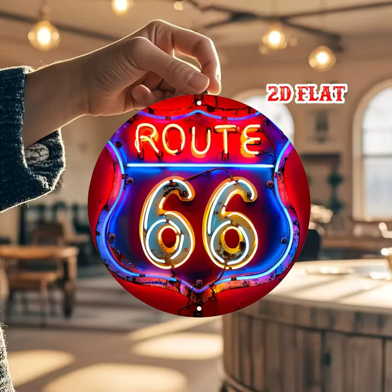 Potdemiel Route 66 Vintage-Leuchtreklame – Runde Aluminium-Wanddekoration im Americana Style, Mehrfarbig, Durchmesser: 20 cm - Bild 5