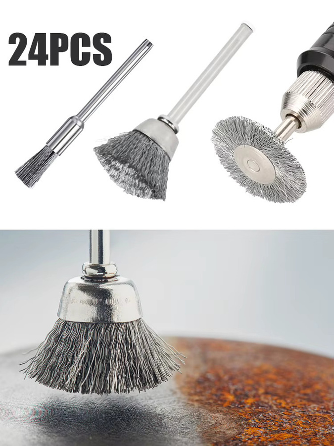 XCAN 24-teiliges Edelstahl Drahtbürsten-Set für Dremel Drehwerkzeuge zum Polieren und Entfernen von Rost auf Metall, Farbe: Silber - Bild 5