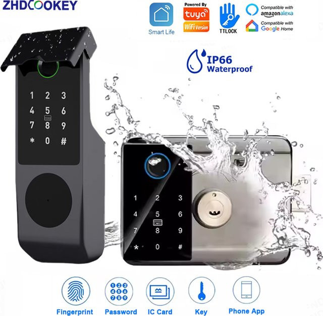 ZhdCookey Wasserdichtes Tuya WLAN Smart-Schloss in Schwarz mit Fingerabdruck, RFID-Karte, Passcode und App-Fernbedienung sowie TTLock Bluetooth-Zugang - Bild 1