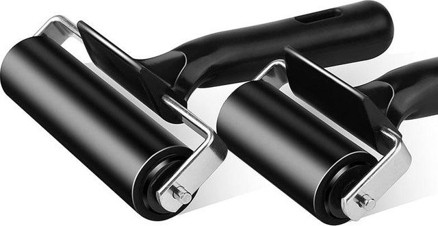 Brayer Roller und Pinzetten-Set für Handwerk und Druckherstellung in Schwarz mit Gummistreifen, Durchmesser: 6 cm und 10 cm - Bild 1