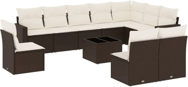 vidaXL 11-tlg. Garten-Sofagarnitur in L-Form aus braunem PE-Rattan mit UV-beständigen Polsterkissen und pulverbeschichtetem Stahlgestell - Bild 1