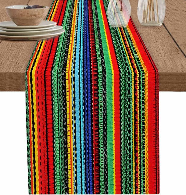 JINGYUE Pet Tischläufer aus Leinen mit bunten Streifen in Schwarz und Multicolour, B/T: 150 x 33 cm - Bild 1