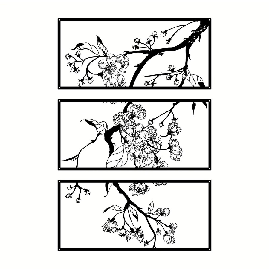 DDPNKL Wanddekoration aus Metall mit Pfirsichblüten, quadratische Wandkunstskulptur in Schwarz, modernes florales Design für Zuhause und Garten - Bild 3