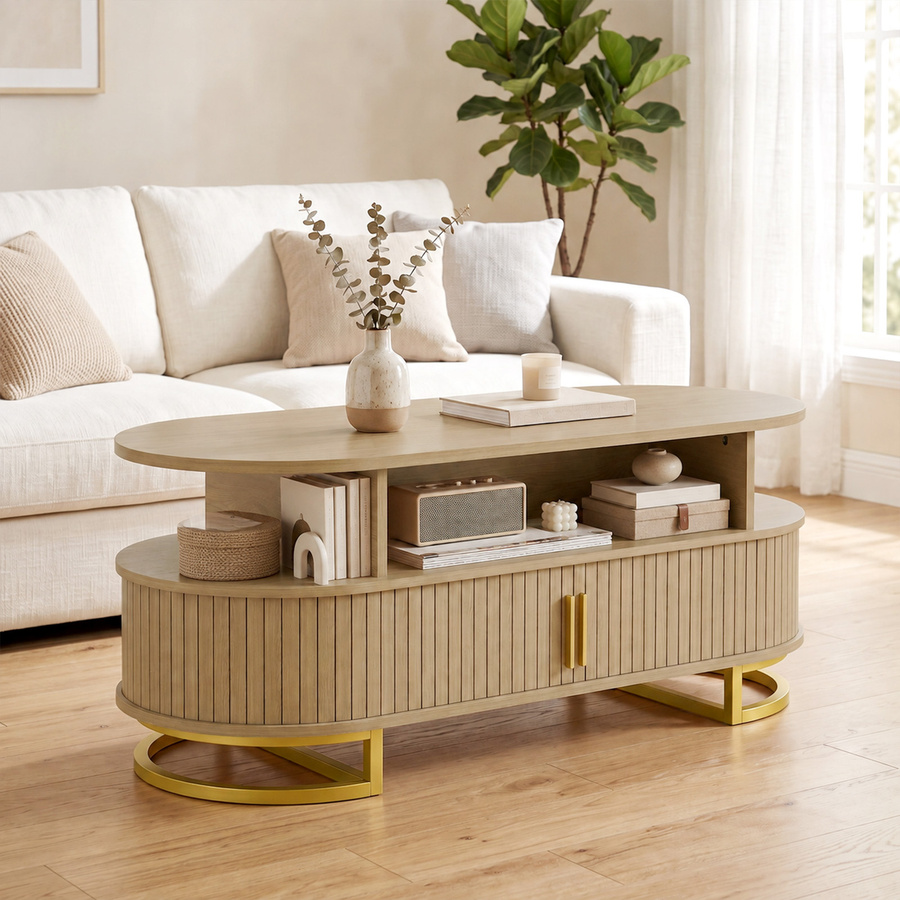 HOMCOM Ovaler Couchtisch in Eiche mit schiebbarer Tambourtür und goldenen Metallfüßen, B/T/H: 120 x 50 x 47,5 cm - Bild 2