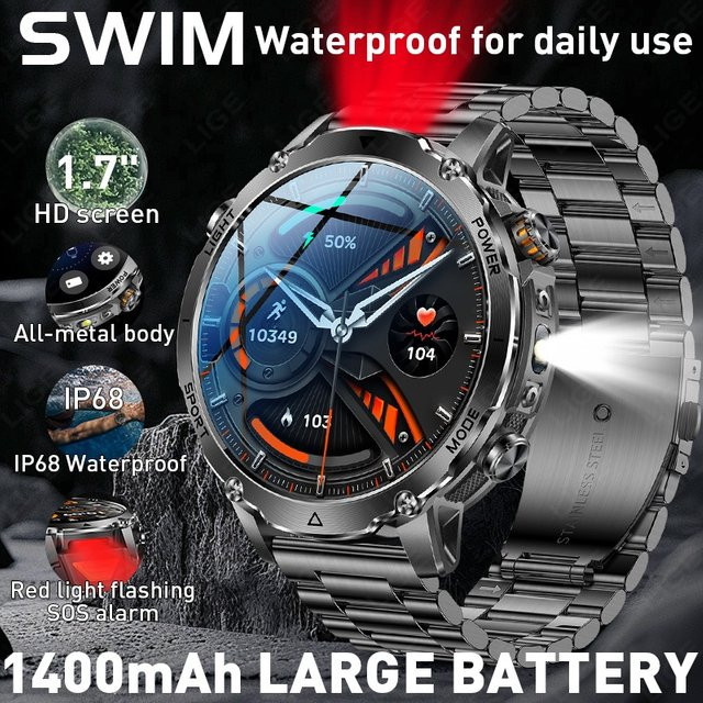 LIGE Smartwatch, Herren, Schwarz, Edelstahl, Silikon, Bluetooth - Bild 1