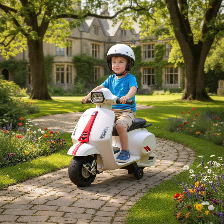 AIYAPLAY Elektrisches Kinder-Motorrad Vespa, 6V, mit Stützrädern, Scheinwerfer und Hupe, Weiß, ab 2 Jahre - Bild 2