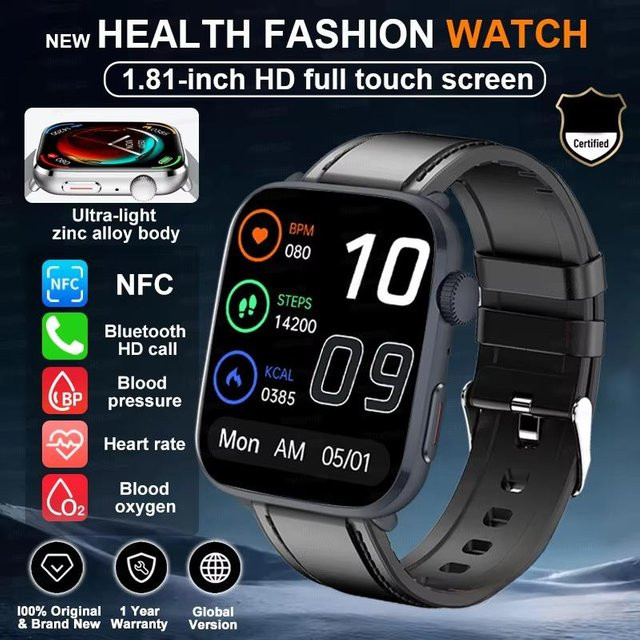NFC Smartwatch für Herren mit Blutdruckmessung, Herzfrequenzüberwachung und Bluetooth-Anruffunktion, KI-Diagnose, Black Leather, kompatibel mit iOS und Android - Bild 1