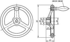 KIPP Handrad DIN 950 aus poliertem Aluminium mit Passbohrung und Nut 18H7, Durchmesser: 180 mm - Bild 1