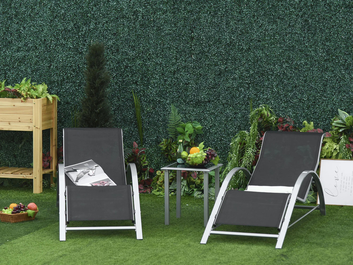Outsunny Gartenliege-Set 3-teilig aus Metall mit Tisch und 2 Liegen in Schwarz und Silber, B/H/T: 59 x 66 x 169 cm - Bild 4