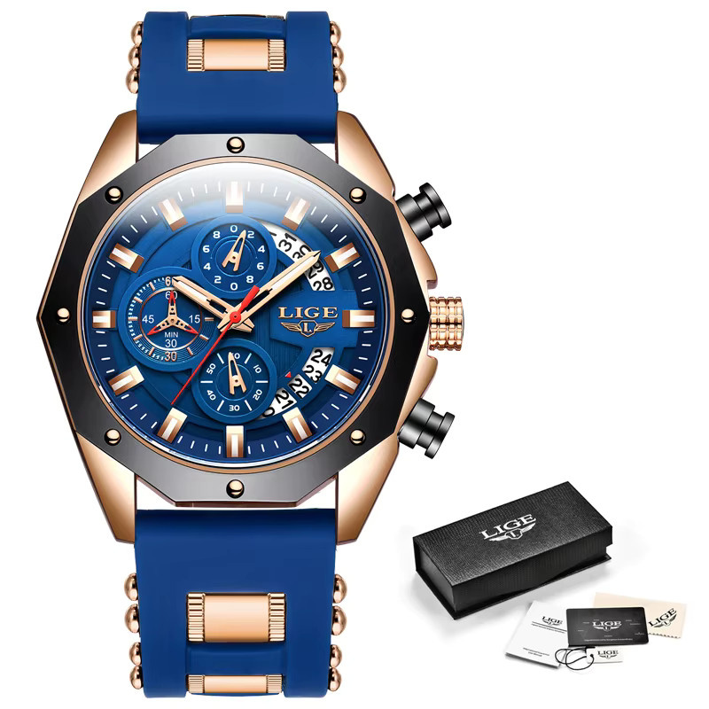 LIGE Armbanduhr Chronograph, Quarz, Silikon, Schwarz, Herren - Bild 5
