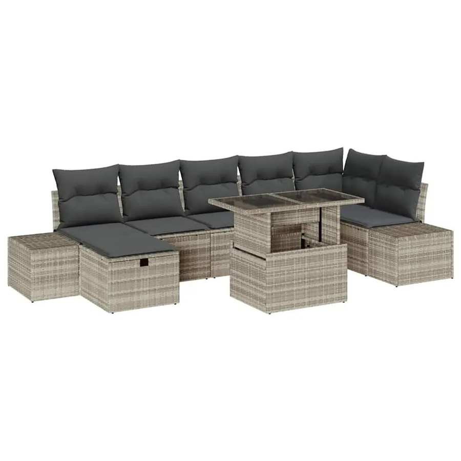 vidaXL Garten-Sofa-Set aus Polyrattan in Hellgrau, 8-teiliges L-Shape Lounge-Set mit Kissen, 3-Sitzer, Eckelement, Ottoman und Couchtisch - Bild 2