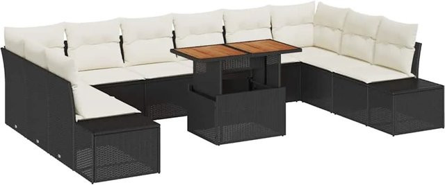 vidaXL Garten-Sofa-Set aus Poly Rattan in Schwarz mit 11 Teilen, U-Form mit integrierter Stauraumfunktion und Polsterkissen - Bild 1