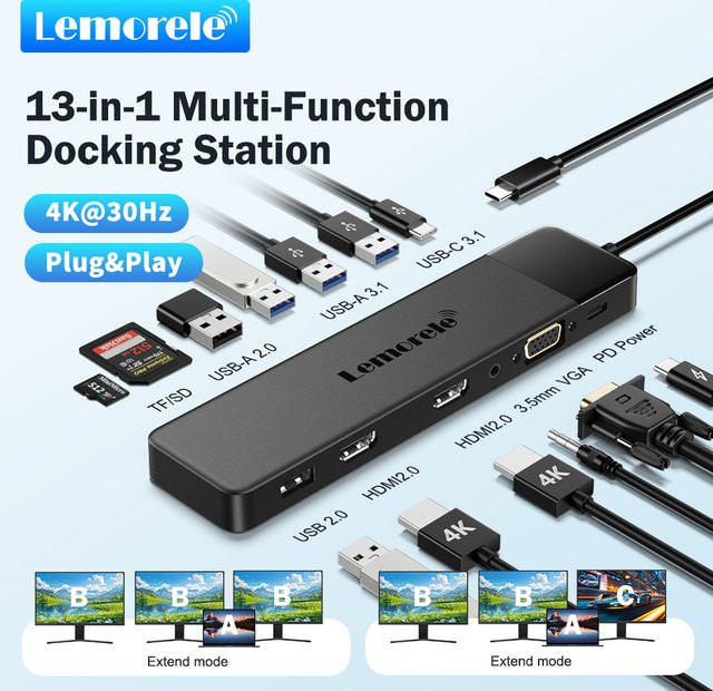 Lemorele 13-in-1 USB-C Dockingstation mit 4K UHD HDMI, Ethernet/LAN und PD100W für Laptop, Macbook Pro und Air - Bild 1