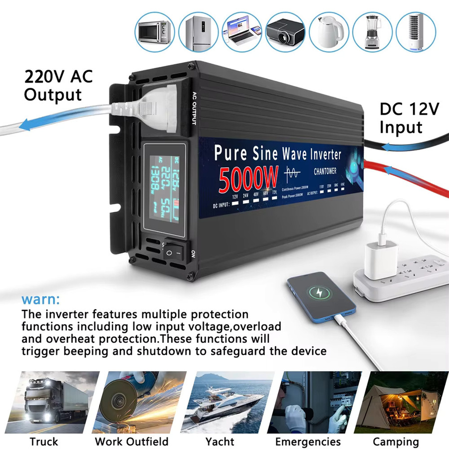 CHANTOWER Wechselrichter 5000 W Reine Sinus Welle DC 12 V/24 V zu AC 110 V/220 V 50/60 Hz Schwarz - Bild 5