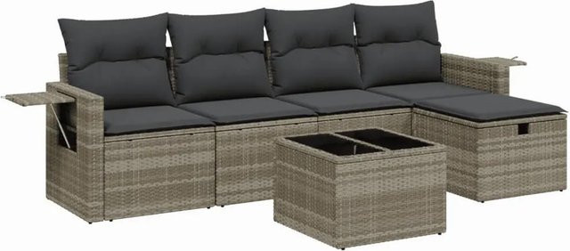 vidaXL 6-teilige Garten-Sofagarnitur in L-Form mit Polyrattan und Kissen, Hellgrau - Bild 1