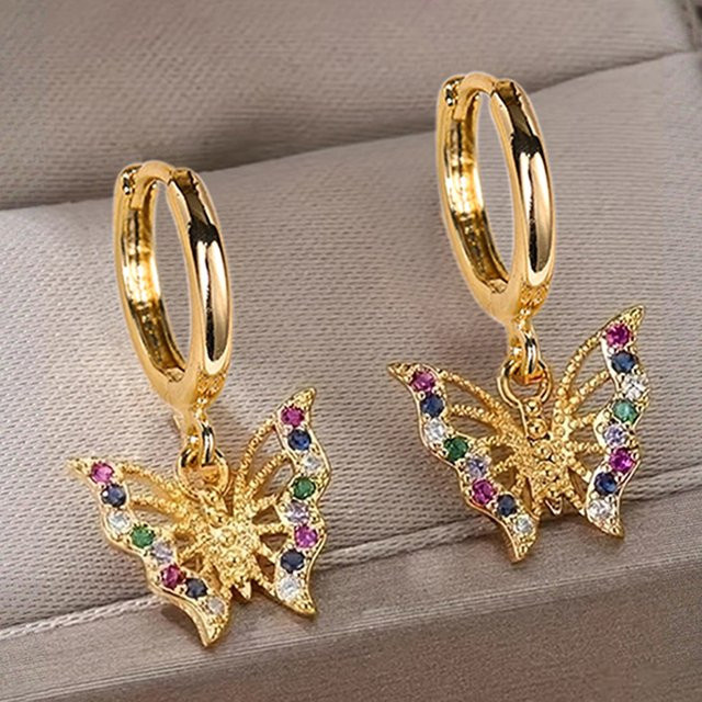 Huitan Hohle Schmetterlings-Tropfenohrringe, Gold, Zirkonia - Bild 1