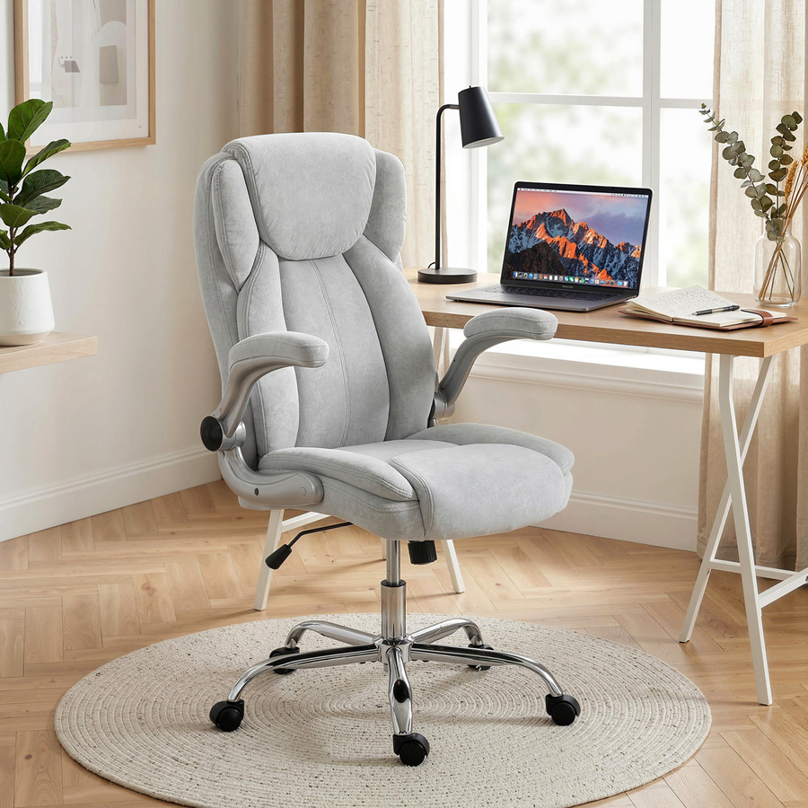 HOMCOM Ergonomischer Bürostuhl aus bedrucktem Samt in Creme, höhenverstellbarer Drehstuhl mit klappbaren Armlehnen, Wippfunktion und hoher Rückenlehne für dein Home-Office, Aosom - Bild 2