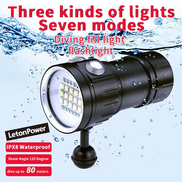LetonPower Professionelle Unterwasser LED Fotografie Lampe mit 27 LEDs und 20000 Lumen, Wasserdichte Video Kamera Taschenlampe für Tauchen, Schwarz - Bild 1