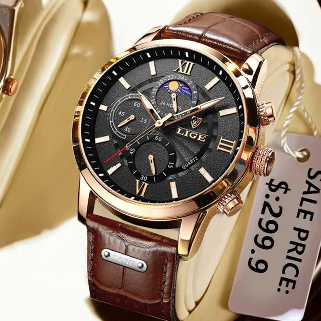 LIGE Armbanduhr Quarz, Leder, Schwarz, Herren - Bild 1