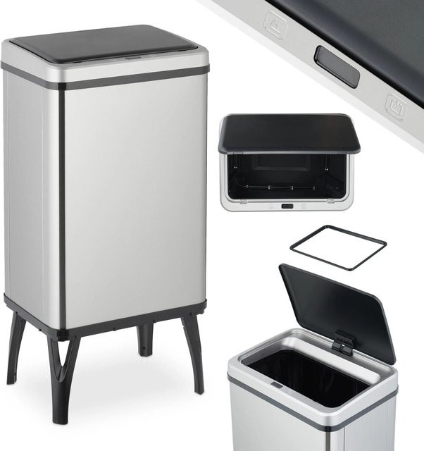 Relaxdays Sensor-Mülleimer aus Edelstahl in Silber und Schwarz, Volumen: 40 l, B/T/H: 71,5 x 36 x 26 cm - Bild 1