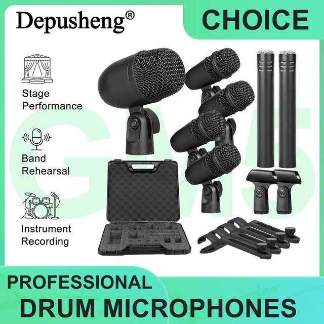 Dpusheng GM7 7-teiliges dynamisches Trommelmikrofon-Set in Schwarz für Bass, Trommel, Tom, Snare und Becken, ideal für Studioaufnahmen und Live-Auftritte - Bild 1