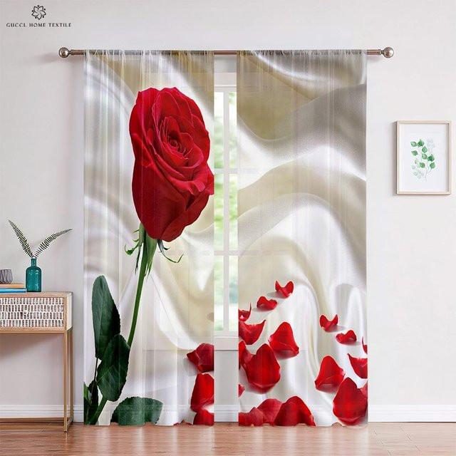 2er-Set Rosen Vorhänge in Rot mit floralem Design, semi-transparent, Breite: 50 cm, Höhe: 130 cm - Bild 1