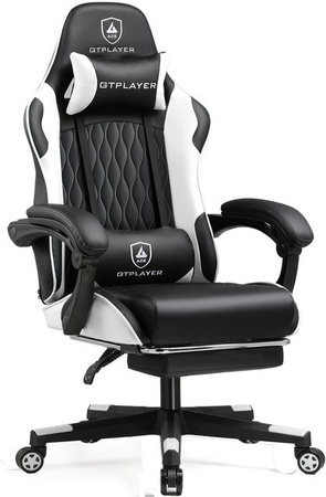GTPLAYER Gaming Stuhl in Schwarz-Weiß, ergonomischer Gamer Stuhl aus Kunstleder mit Fußstütze, Kopfkissen und verstellbarer Lendenstütze